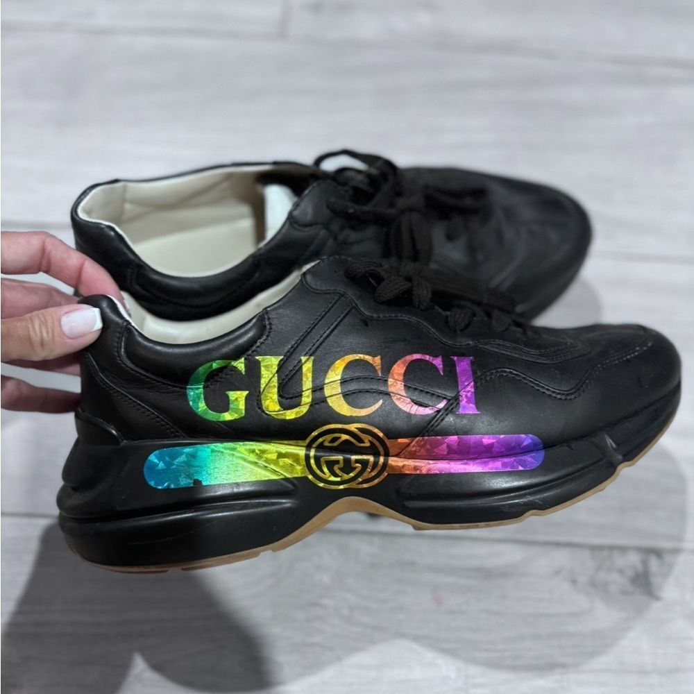 Gucci Rhyton Rainbow Logo Sneakers Black Leather Size 10 – Rare - Picture 2 of 6